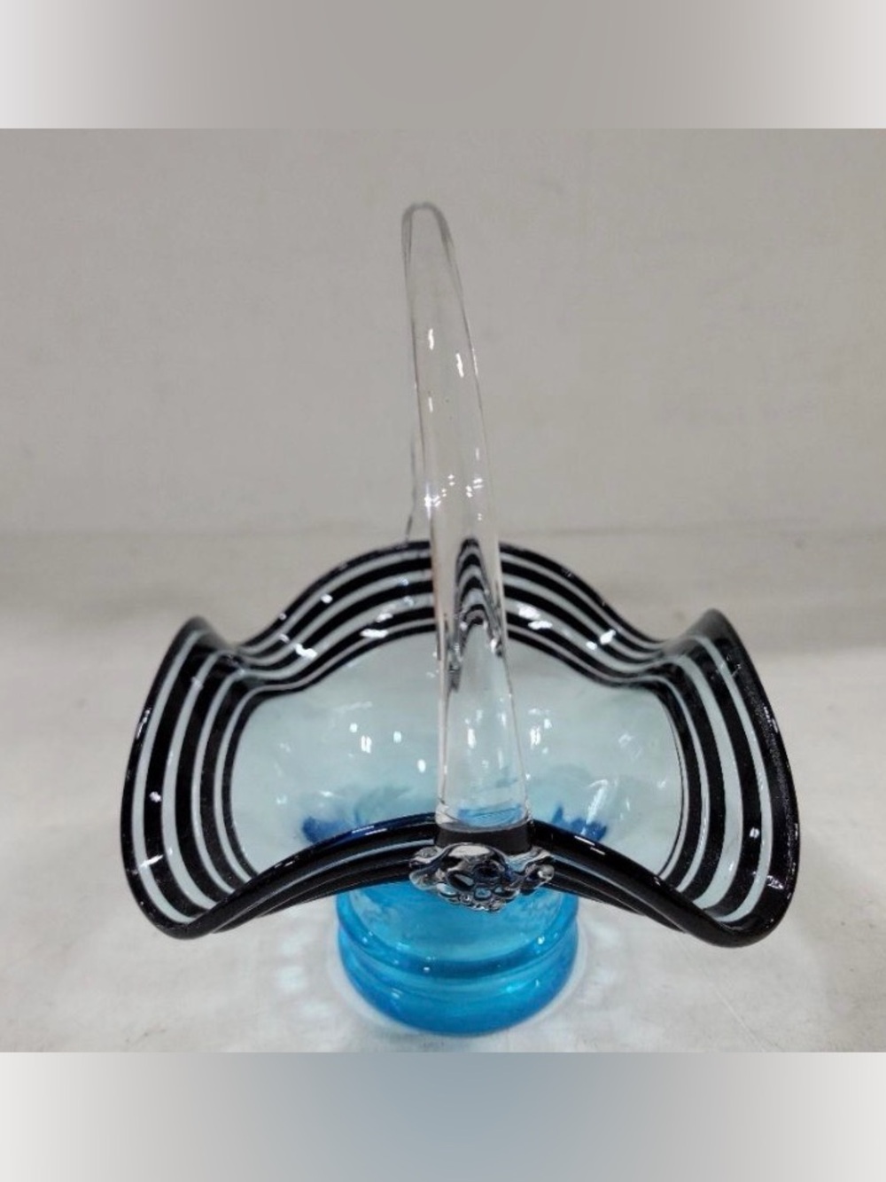 Vintage Murano Style Hand Blown Art Glass Basket Blue Black & White
